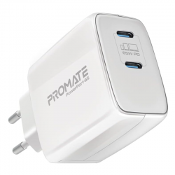 Promate 65W USB-C Power Delivery GaN Charger, Universal Powerful GaN Tech Fast Charger with 2 Type-C Port, Adaptive Charging and Over-Charging Protection for USB-C Powered Devices, POWERPORT-65.EU-WT